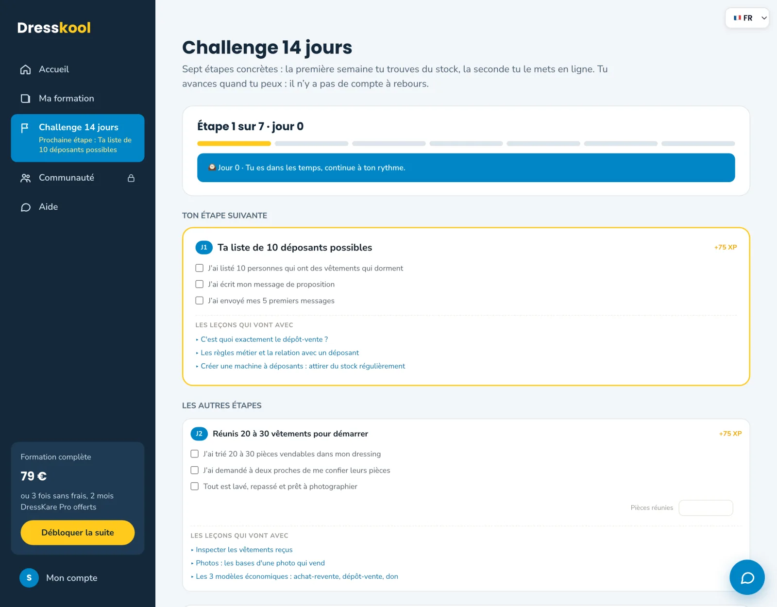 Le challenge de 14 jours de l'application DressKool : 7 étapes concrètes avec leurs actions à cocher et les leçons qui vont avec