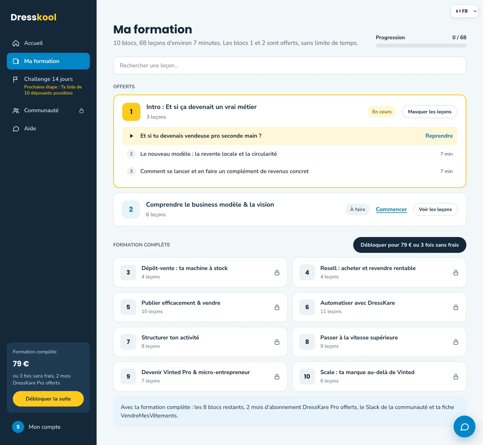 Le programme de la formation DressKool : 8 modules, une intro et un bonus, 68 leçons, l'intro et le module 1 offerts